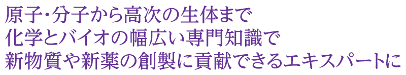 原子・分子から高次の生体まで 化学とバイオの幅広い専門知識で 新物質や新薬の創製に貢献できるエキスパート